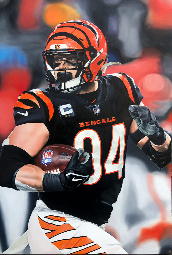 oil painting of Sam Hubbard returning a fumble for a touchdown against the Ravens
